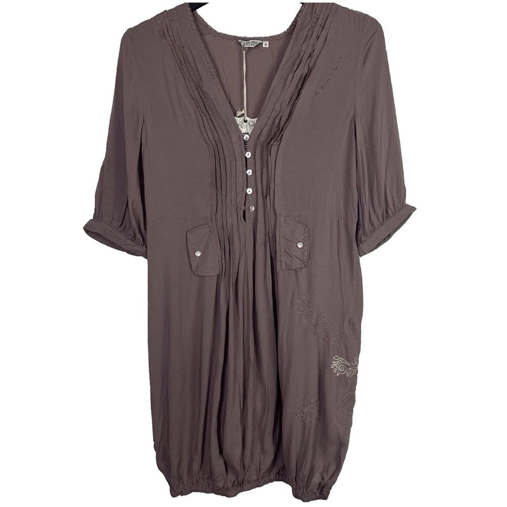 Monoreno Women's Gray Midi Rayon Dress Floral Detail Elastic Bottom Hem Medium